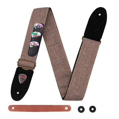 Image of Guitar Strap 100% Soft Cotton Genuine Leather Ends with Pick Pocket, 3 Picks Included for Acoustic Guitar, Electric Bass, Banjos (Brown)