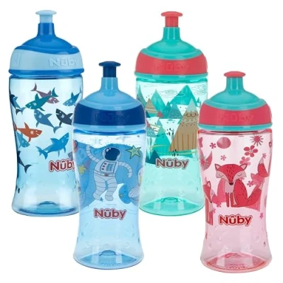 Image of Nuby Printed Kids Pop Up Sipper Water Bottle, Colors May Vary, 1 Pack, 12 Oz., Multi