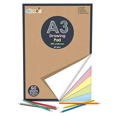 Image of abeec A3 Drawing Pad Paper with 20 Sheets of White and 40 Assorted Coloured Sketch Pastel