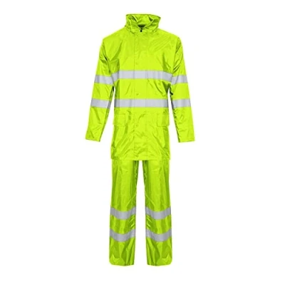 Image of Unisex Hi Vis Viz Plain Rainsuit Jacket Trouser High Visibility Waterproof Hooded Rain Suit 2 Piece Set (Yellow (Hi Vis), 3XL)