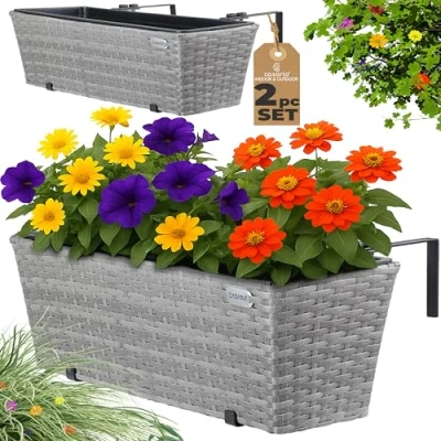 Image of CASARIA® Set of 2 Flower Boxes Weatherproof Poly Rattan Hangable with Mounting Brackets Floating Planters Perfect for Balcony Windowsill Railing Gate or Fence 60 x 20 19cm 11 L Grey