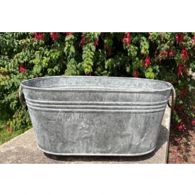 Image of Galvanised Oval Trough w Handles Outdoor Garden Metal Steel Planter Flower Pot