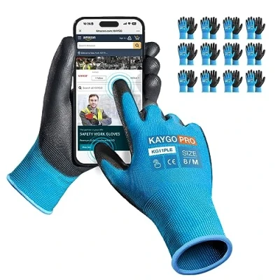 Image of KAYGO Work Gloves PU Coated 12 Pairs Touchscreen, KG11PLE, Safety Working with Secure Grip on Palm &amp; Fingers, for Men and Women, Ideal General Duty Work, Gardening (Medium, Blue)