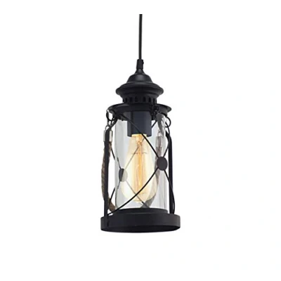 Image of EGLO Bradford Pendant Lamp, Vintage Ceiling Light in Black Steel and Clear Glass, Hanging Lantern, Dining Living Room Lighting, E27 Socket