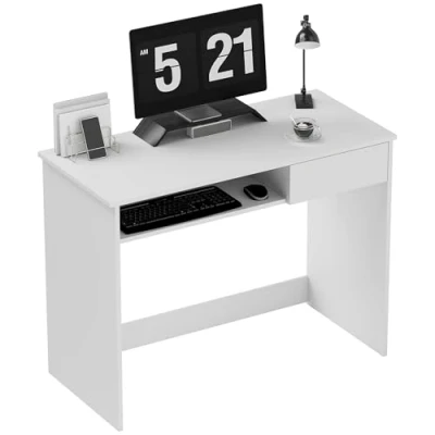Image of HOMCOM 100cm Compact Computer Desk with Keyboard Tray, Home Office Drawer for Bedroom Study, White