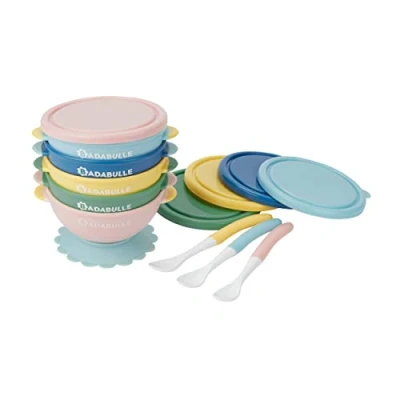 Image of Badabulle Funcolor Bowls Set of 5 Porridge &amp; 3 Baby Spoons Hermetic Closure Non Slip Suction Cup