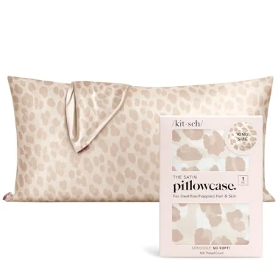 Image of Kitsch 100% Satin Pillowcase with Zipper, Softer Than Silk for Hair &amp; Skin, Cooling Pillow case, Case Cover (King (1 Pack), Leopard)