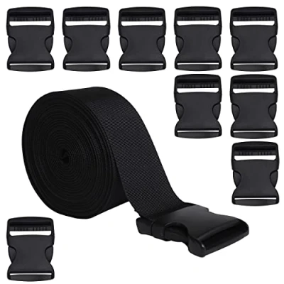 Image of RETON 2 Inch Wide 10 Yards Black Nylon Webbing Strap + PCS Adjustable Buckles Plastic Side Release for Repairing Backpack Pet Collar Making DIY Luggage and Outdoor Supplies.