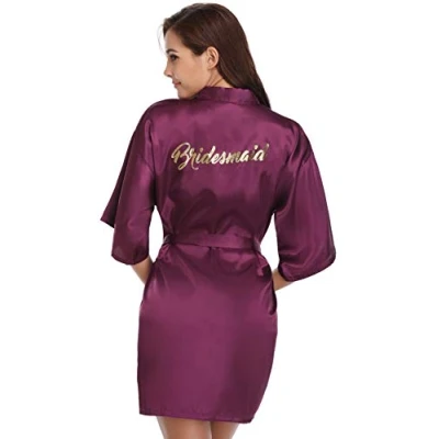 Image of Vlazom Bride Bridesmaid Robes Satin Bridal Party Robe Dressing Gwons, Morning of Wedding Day Robes, Glitter Kimono Bathrobe Dark Purple for S(UK 6)