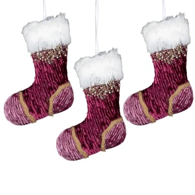 Image of 3Pcs Pink Burgundy Mini Santa Stocking 15cm Christmas Tree Hanging Decorations Festive Decorative Ornaments Fairy Tale Themed Xmas Pendant