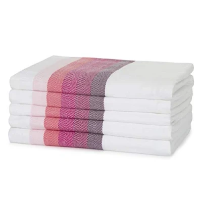 Image of Sticky Toffee 100% Cotton Tea Towel Multicoloured Red Herringbone Stripe Pattern, Pack of 5 Kitchen Set Absorbent, Strong, Quick Dry Home &amp; Bathroom Accessories