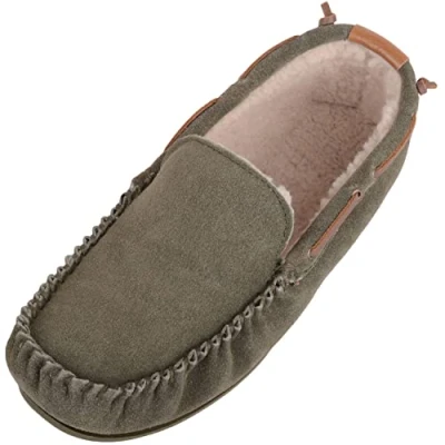 Image of SNUGRUGS Mens Easy Slip On Suede Berber Fleece Winter Moccasin Slippers with Leather Trim Olive UK 9