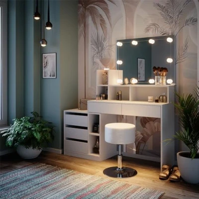 Image of Vicco Vanity table Anja, White, 139.8 cm with LED lighting and stool