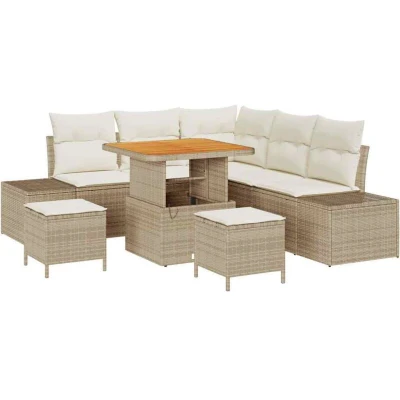Image of vidaXL 8 Piece Garden Sofa Set with Cushions Beige Poly Rattan Acacia