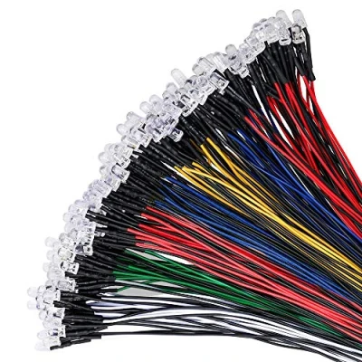 Image of YIXISI 100 PCS 5mm LED Diodes Light 5 Color (Each 20 PCS) Ultra Bright 12V 20cm Pre Wired, White Red Blue Green Yellow