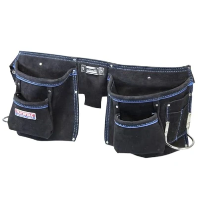Image of Faithfull 10 Pocket Black Suede Leather Double Tool and Nail Pouch with Webbing Belt (Fits Waists 32 44 Inch)