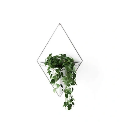Image of Umbra Trigg Hanging Planter Vase &amp; Geometric Wall Decor Ceramic Container Great For Succulent Plants, Air Plant, Mini Cactus, Faux Plants and More, Large, White/Nickel