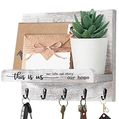 Image of AOAOPQ Key Holder for Wall Decorative with Hooks Mounted Hanging Rustic Wood This is us Organizer Entryway Living Room Bedroom Kitchen Hallway Hanger Antique White