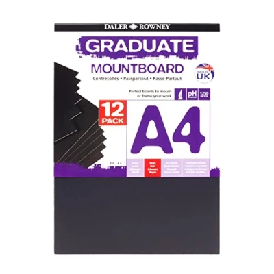 Image of Daler Rowney Graduate Cream Core A4 Mountboard Pack, 12 x Black Smooth Surface, 1.25mm Thick, Ideal for Student Artists &amp; Hobbyists