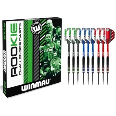 Image of WINMAU Rookie Steeltip Brass Darts Set Single or Multi Sets Includes Flights and Shafts (Stems) Exclusive Booklet Blue, Red Green