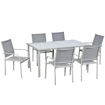 Image of Outsunny 7 Piece Garden Dining Set, Outdoor Table and 6 Stackable Chairs, Steel Frame, Tempered Glass Top Table, Mesh Seats, Grey