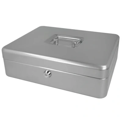 Image of Westcott Lockable Cash box (large, 30 cm) SILVER made of sheet steel with 2 keys Removable coin tray 5 compartments E 51002