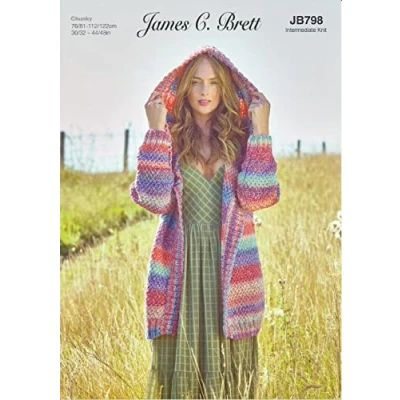 Image of James Brett Womens Chunky Intermediate Knitting Pattern Hooded Cardigan (JB798)