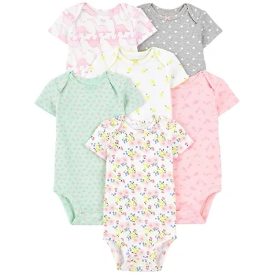 Image of Simple Joys by Carter&#039;s Baby Girl&#039;s 6 Pack Short Sleeve Bodysuit, Multicolour/Dinosaur/Floral/Forest Animals/Fruit/Hearts, Premature (Pack of 6)