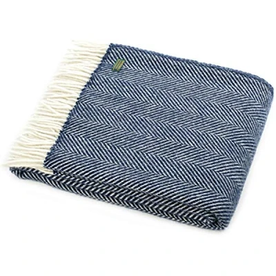 Image of Tweedmill Textiles Fishbone KNEE RUG Throw Blanket 100% Pure New Wool BRITISH MADE NAVY