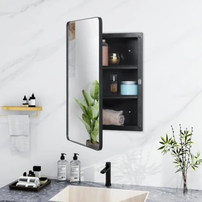 Image of Fundin Plastic Mirror Cabinet, Beveled Edge Door with Round Corner Metal Frame, Recessed and Surface Mount, Black,40 X 61 CM