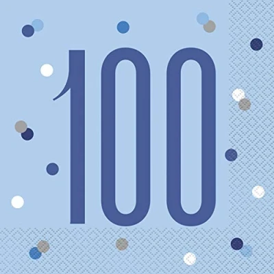Image of Unique 83564 Blue Dots 100th Birthday Luncheon Napkins Disposable 16 Pcs, Age 100