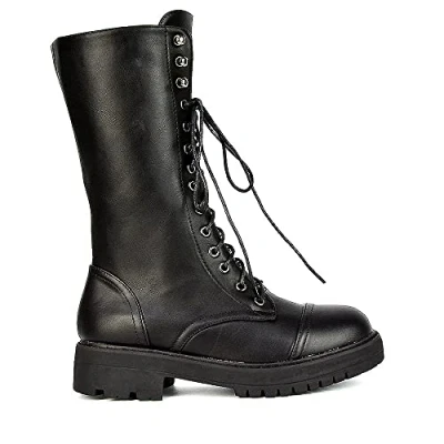 Image of ESSEX GLAM Womens Lace Up Boots Mid Calf Ankle High Ladies Black Synthetic Leather Combat Biker Shoe Booties Size 3 8