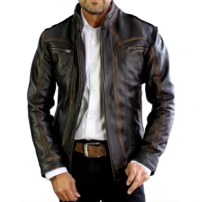 Image of HAFSAH Mens Real Leather Biker Motorcycle Distressed Black Genuine Jacket Men vintage (Distressed Brown, m)