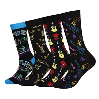 Image of Cansok Men&#039;s Animal Funky Novelty Dress Crew Socks (Guitar Music Saxophone 4 pairs)