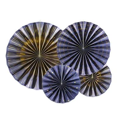 Image of Mellilu Decorative Rosettes Set of 4 Paper Fan Dark Blue Gold Party Decoration Garland