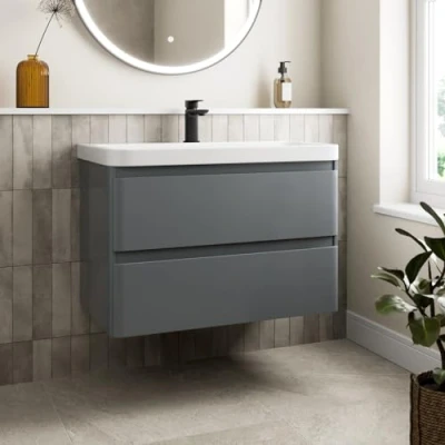 Image of Affine® 800mm Vanity Unit Wash Basin Sink Bathroom Wall Mounted Storage Cabinet Cupboard Cloakroom, Soft Close Drawers, Grey Gloss