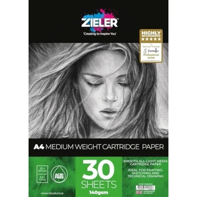 Image of Medium Weight Cartridge Paper Pad 140gsm, 30 Sheets (Smooth) by Zieler™ Suitable for Painting, Sketching &amp; Technical Drawing. (A4)