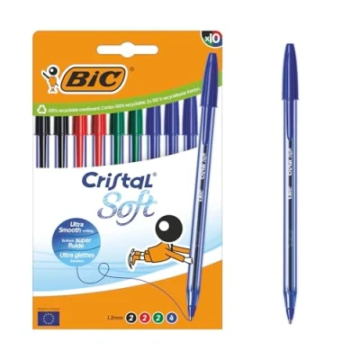 Image of Bic Cristal Soft Ballpoint Pens Medium Tip (1.2 mm) with Easy Glide Ink Assorted Colours, Box of 10