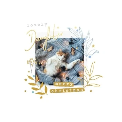 Image of Woodmansterne Lovely Daughter Christmas Card Cat and Cosy Jumper with Foil Details Eco Friendly Recyclable