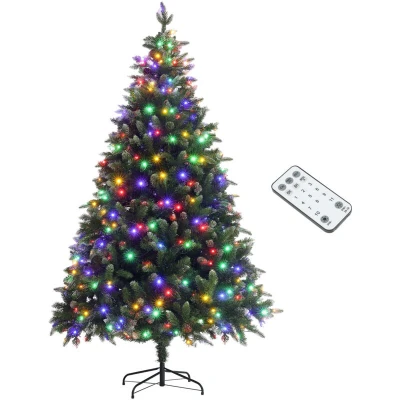 Image of HOMCOM Artificial LED Christmas Tree with Metal Base, Hinged Branches 7ft