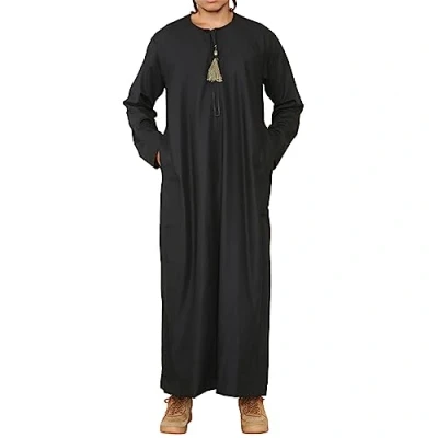 Image of Mens Thobe Jubba Islamic Clothing Muslim Kaftan Emirati Omani Robe Arab Tassel Black gold L 56