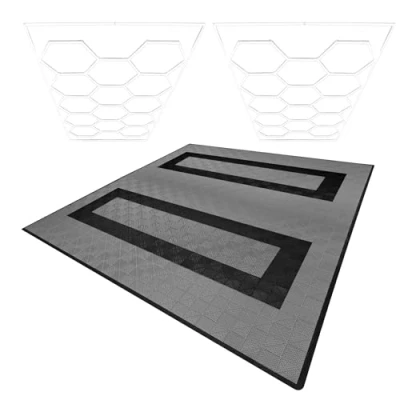 Image of MonsterShop Hexagon LED Lights x 2 &amp; Vented Garage Floor Tiles with Edges 165 Grey 60 Black