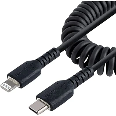 Image of StarTech.com 20in / 50cm USB C to Lightning Cable, MFi Certified, Coiled iPhone Charger Black, Durable TPE Jacket Aramid Fiber, Heavy Duty Coil Cable (RUSB2CLT50CMBC)