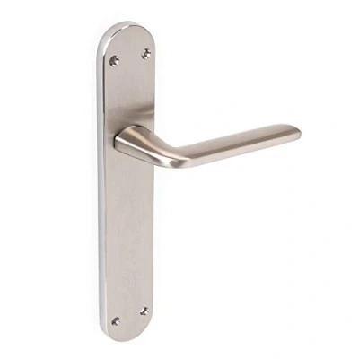 Image of Emuca Internal Door Handles, Set of Handles with 43x250mm (1,7x9,9 inch) Backplate, Aluminium and zamak, Satin Nickel.