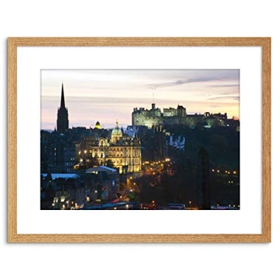 Image of Wee Blue Coo Photo Cityscape Landmark Edinburgh Castle Sunset Framed Wall Art Print