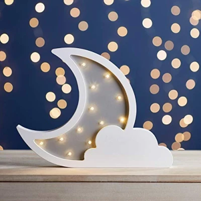 Image of Lights4fun Wooden Moon &amp; Cloud Battery Table Wall Night Light Warm White LED with Timer