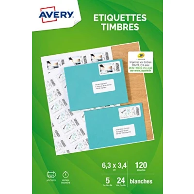 Image of Avery J8159 Self Adhesive Labels (24 Per Sheet), 63.5 x 33.9 mm, Inkjet Print, White Packaging: 5 Sheets mm