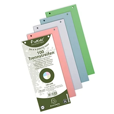 Image of Exacompta Ref 13495B Forever Collection Recycled Punched Card Dividers 105 x 240mm, Pre for Folders or Files, Plain 180gsm Assorted colours (100 Pack)