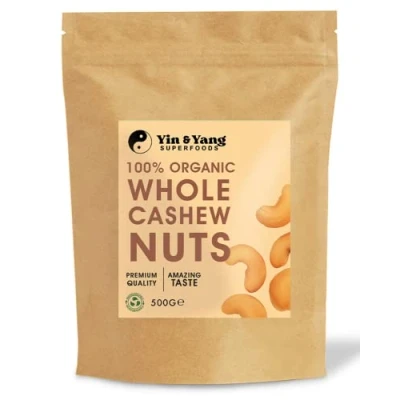 Image of Organic Cashew Nuts 500g Whole, Raw, 100% Natural, by Yin &amp; Yang Superfoods. Premium Quality, Source of Fibre Protein, Vegan, Contains Antioxidants, Certified