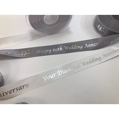 Image of Happy 60th Wedding Anniversary 25mm Silver Satin Ribbon with Metallic Print, 1 Metre Length